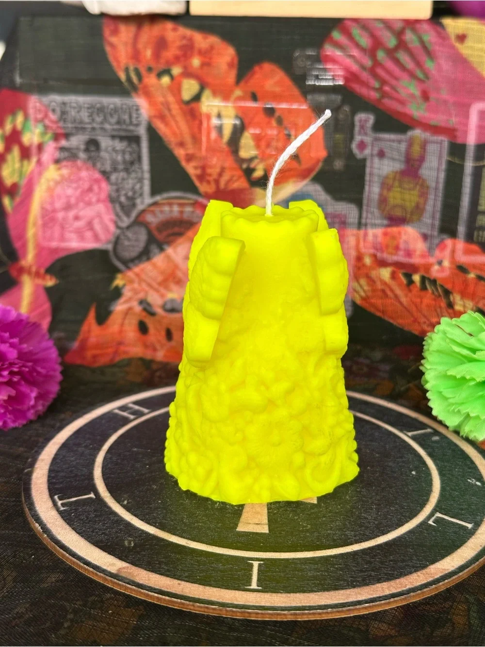 Handmade Neon Yellow Butterfly Candle – Floral Garden Pillar